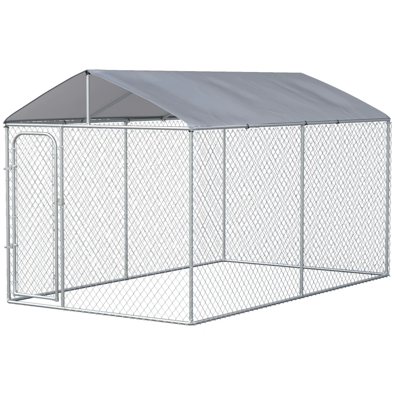 PawHut Canil de Exterior com Toldo Anti-UV Porta com Trava e Estrutura de Metal Galvanizado 4x2,3x2,32 cm Prata