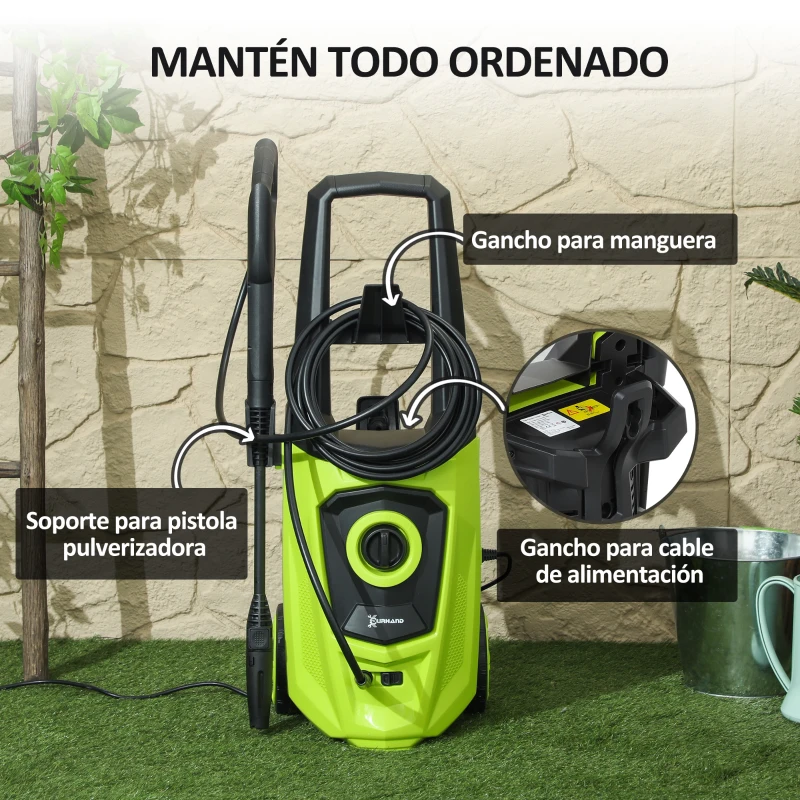 DURHAND Hidrolimpiadora de Alta Presión 1800W con Accesorios Ángulo Ajustable y Parada Automática 33x31,5x80,5 cm Verde y Negro