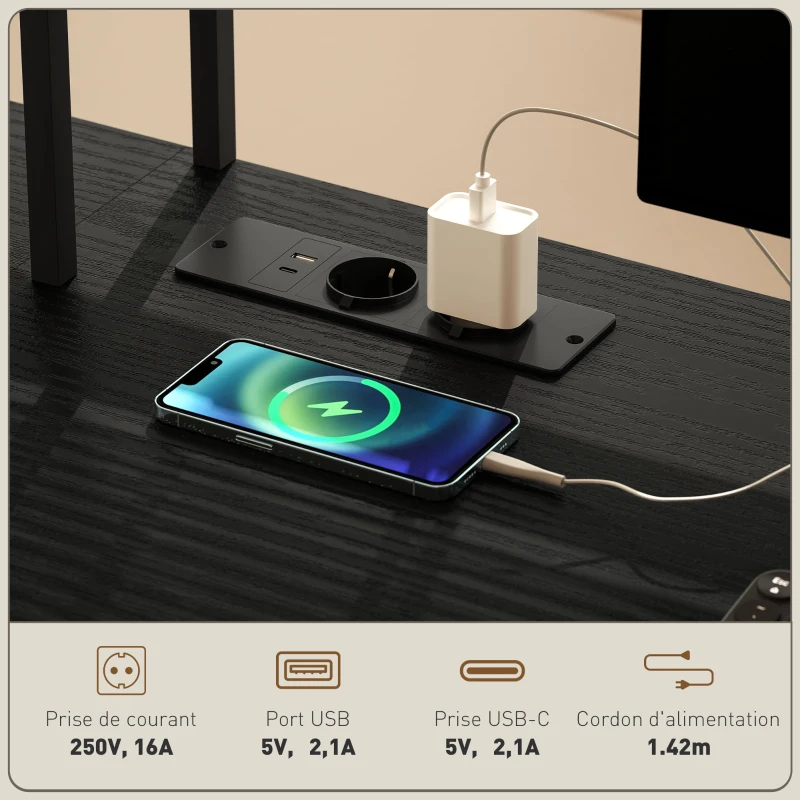 HOMCOM Bureau modulable, bureau d'angle avec Prise et port USB, Style Industriel Étagères de Rangement et Plateau Clavier, Noir