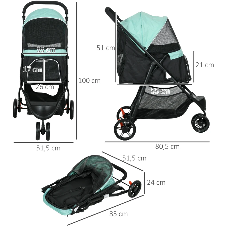 PawHut Haustierbuggy Hundebuggy, klappbar, mit Regenschutz, 2 Getränkehalter, Blau + Grün(m-3)