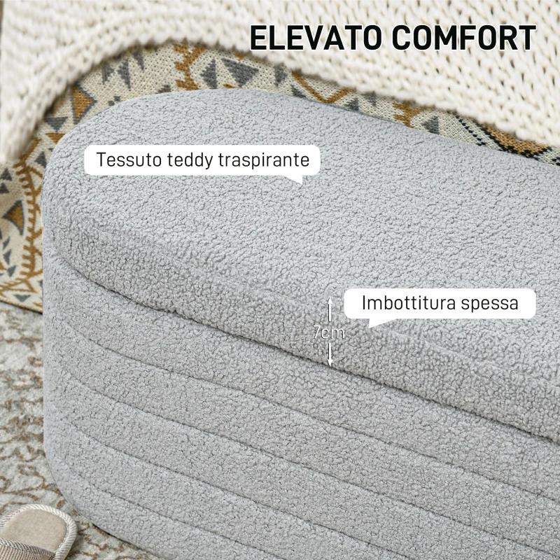 HOMCOM Panca Fondo Letto in Tessuto Teddy con Vano Contenitore, 116x41x40.5cm, Grigio Chiaro