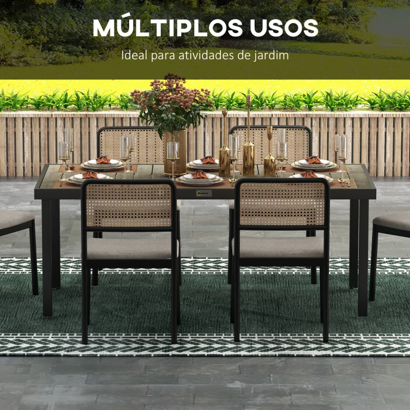 Outsunny Mesa de Jardim Retangular para 8 Pessoas com Bancada de Ripas e Estrutura de Alumínio 190x90x74 cm Preto e Madeira