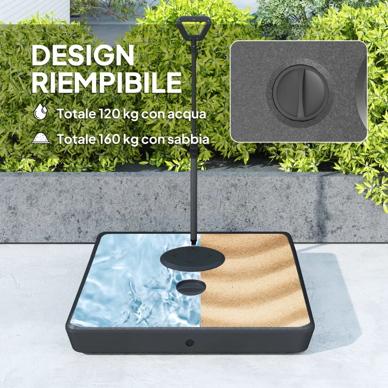 Outsunny Base per Ombrellone a Sbalzo in HDPE con Maniglia e Ruote e Riempibile con Acqua o Sabbia, 95x95x117 cm, Nero