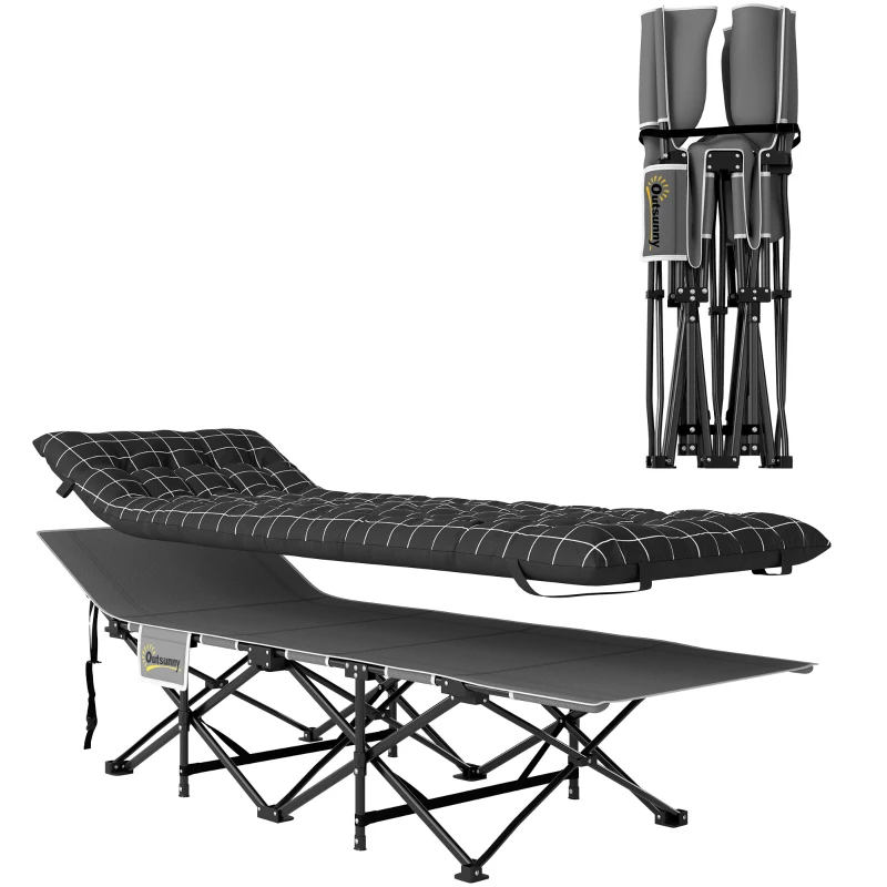 Outsunny Składane łóżko campingowe, z materacem, ergonomiczne, metalowy stelaż, Czarne