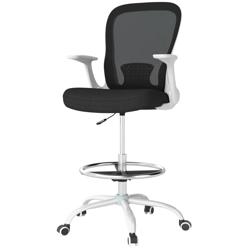 HOMCOM Draughtsman Chair, Mesh Drafting Chair, Ergonomic Office Chair with Flip-up Armrest, Adjustable Foot Ring, Black White