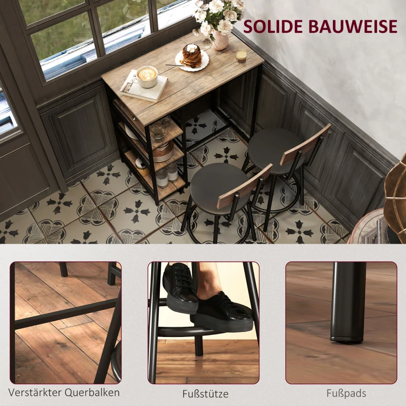 HOMCOM 3-delige Eetset met Bartafel en 2 Stoelen, Klein Keukenset met Zijplanken, MDF, Metaal, Zwart