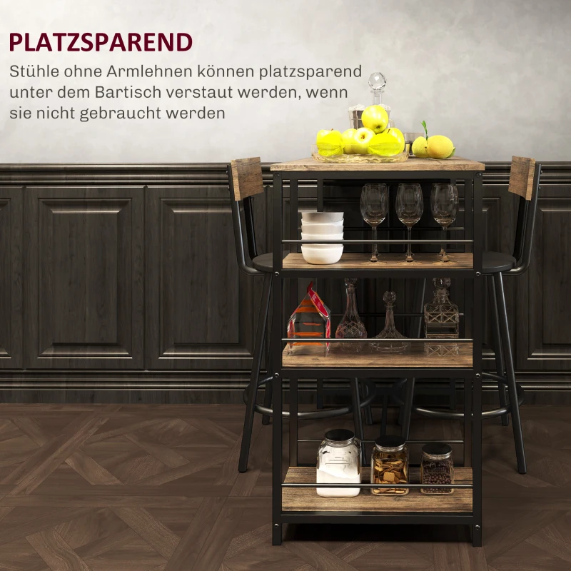 HOMCOM 3-delige Eetset met Bartafel en 2 Stoelen, Klein Keukenset met Zijplanken, MDF, Metaal, Zwart