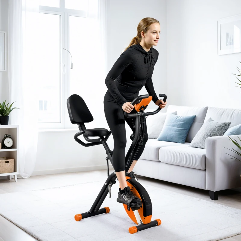 SPORTNOW 5-In-1 Folding Exercise Bike with Arm Workout Bands, Quiet 8-Level Magnetic Resistance Foldable Exercise Bike with LCD, Tablet Holder, Hand Pulse Sensor for Home Use Indoor Cycling, Orange