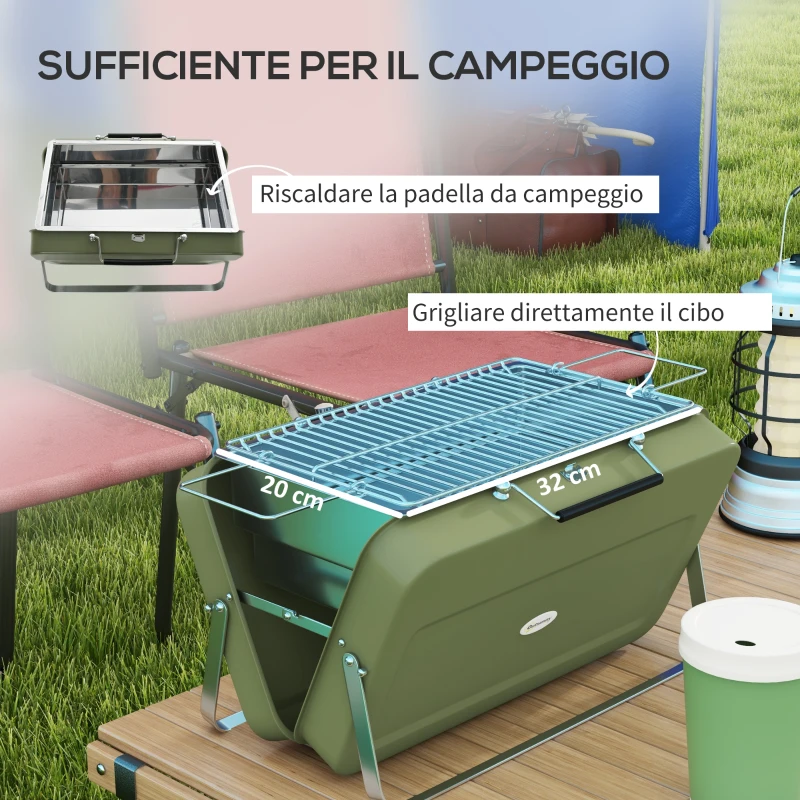 Outsunny Barbecue a Carbonella Portatile e Pieghevole a Valigetta con Manico, 47x30x28 cm, Verde