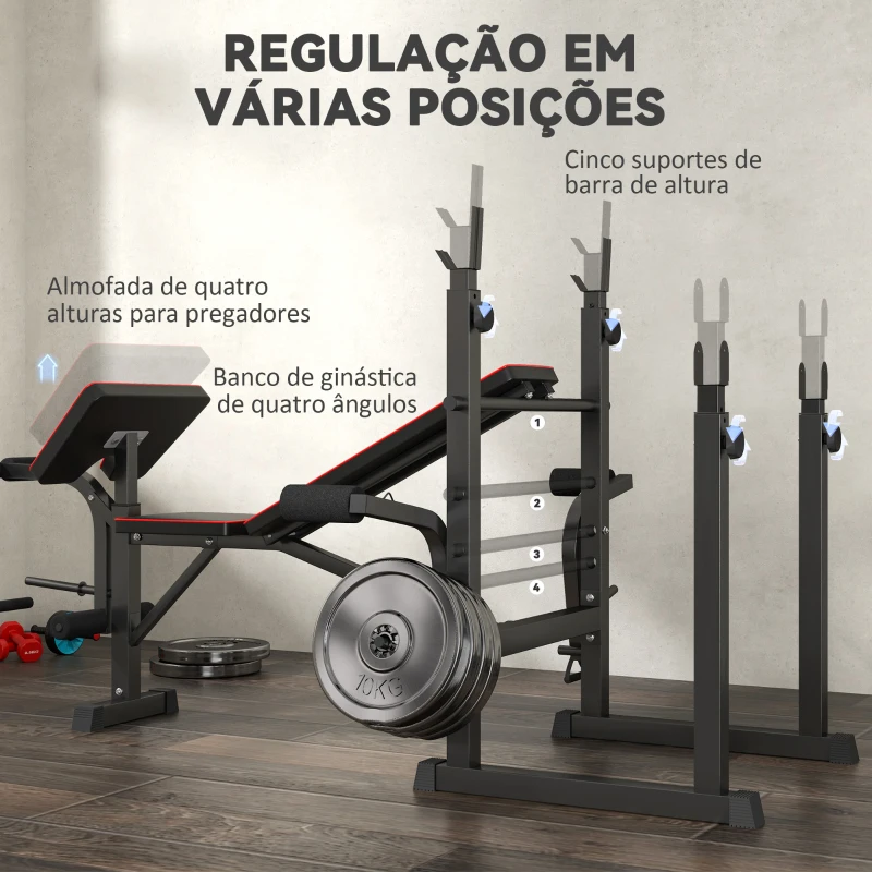 SPORTNOW Banco de Musculação Dobrável Banco Multifunções com Suportes para Barras e Encosto Ajustável para Treino Completo de Corpo Preto