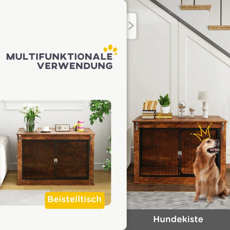 PawHut Hondenbox, Transportbox voor honden, Verblijfsbox, voor huisdieren, 2 afsluitbare deuren, 98 x 60 x 65,5 cm, Bruin(m-4)
