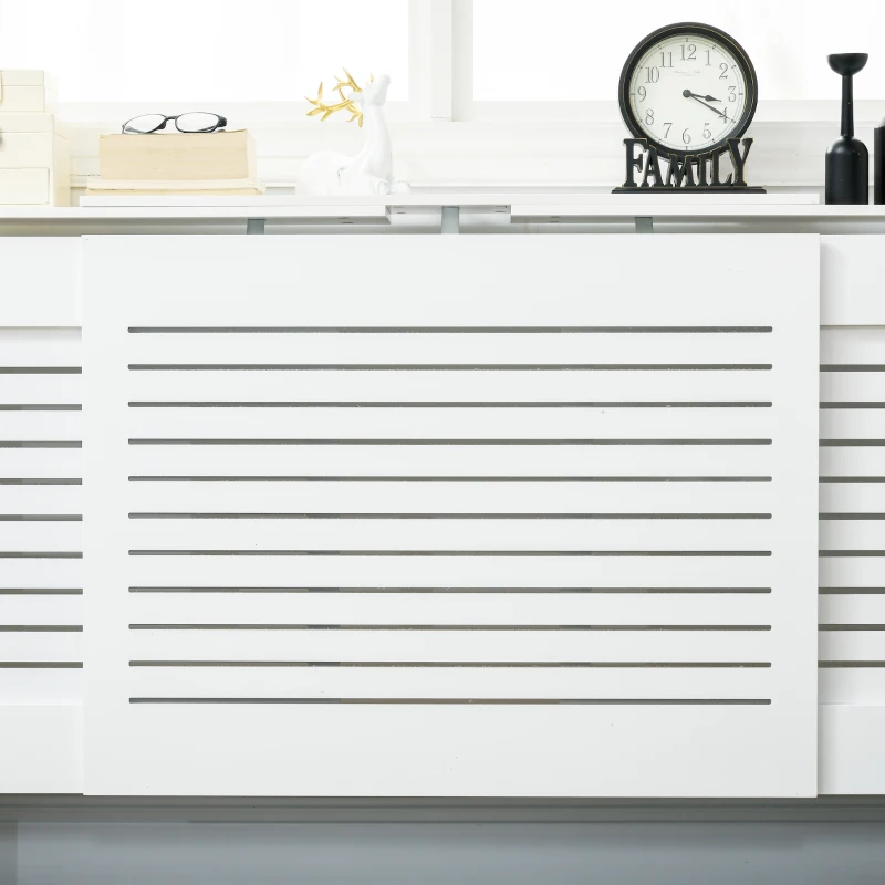 HOMCOM Set of 2 MDF Extendable Radiator Cover with Cabinet Shelving, Home Office Slatted Design, White 139-208.5L x 20.5W x 82.5H cm