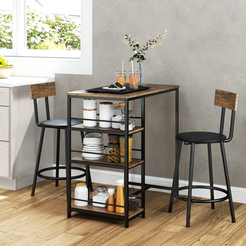 HOMCOM 3-delige Eetset met Bartafel en 2 Stoelen, Klein Keukenset met Zijplanken, MDF, Metaal, Zwart
