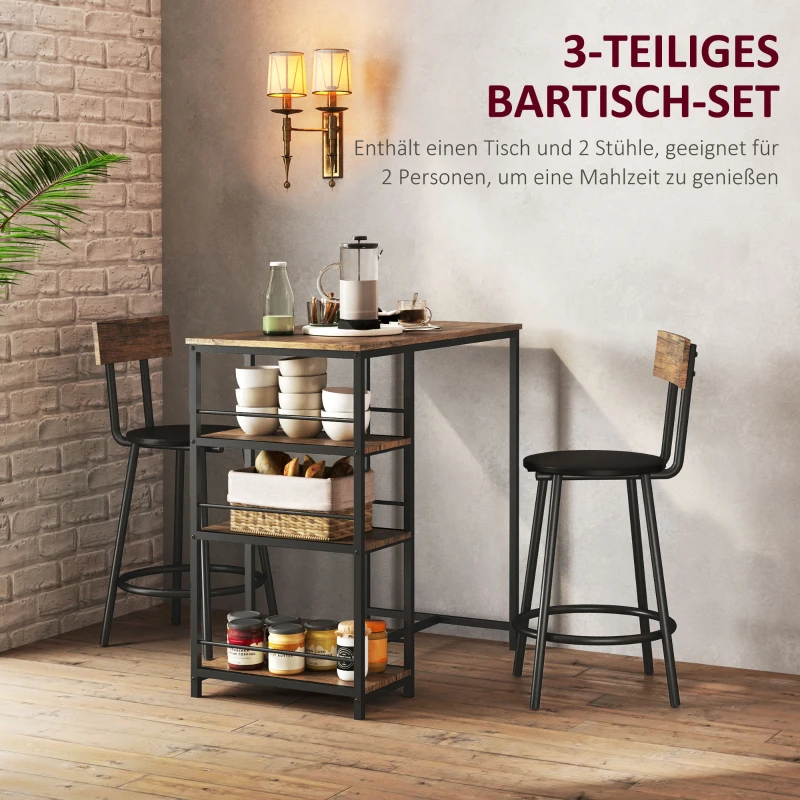 HOMCOM 3-delige Eetset met Bartafel en 2 Stoelen, Klein Keukenset met Zijplanken, MDF, Metaal, Zwart