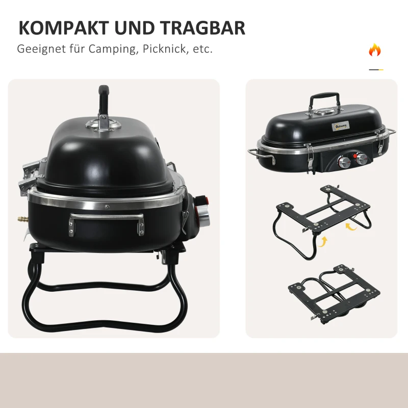 Outsunny Gasgrill 2,34 KW Klappbar BBQ Gartengrill inkl 2 Edelstahl-Brenner  Druckminderer 66 x 34,5 x 37 cm Schwarz