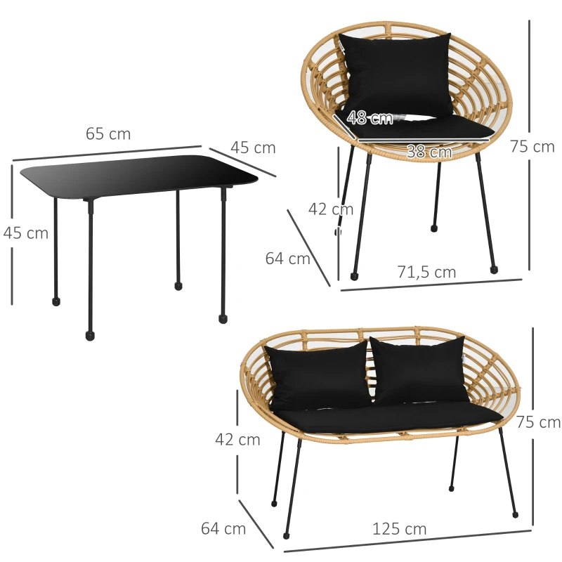 Outsunny Conjunto de Móveis de Jardim em Vime Sintético 4 Peças com 1 Sofá Duplo 2 Poltronas e Mesa de Vidro Madeira e Preto