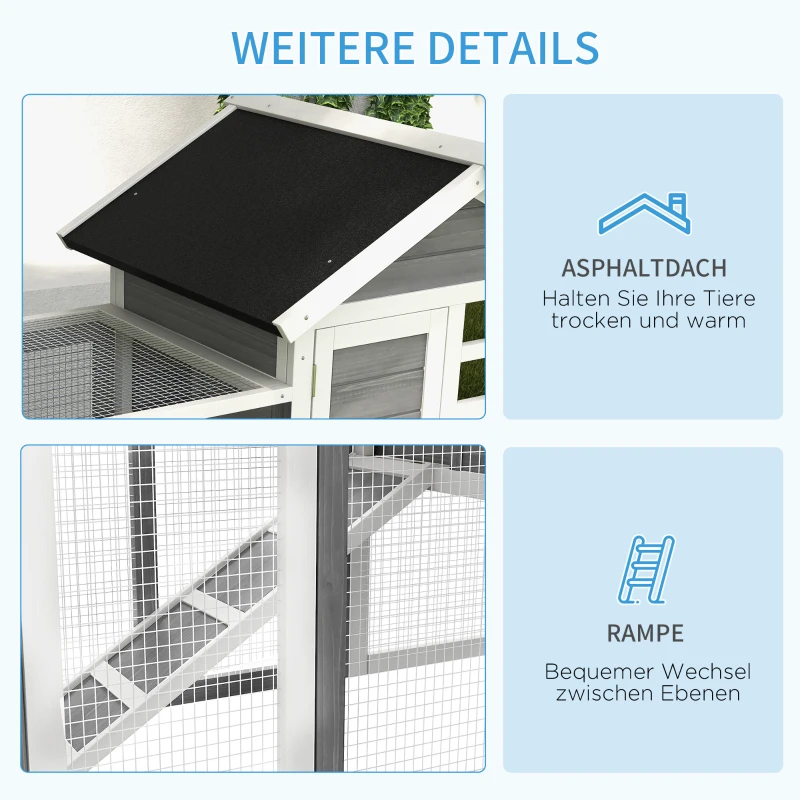 PawHut Kaninchenstall Tannenholz Outdoor Indoor Kleintierstall Kleintierhaus Kleintierkäfig Herausnehmbare Bodenwanne und Rampe Grau+Schwarz+Weiß 122 x 62,6 x 92 cm