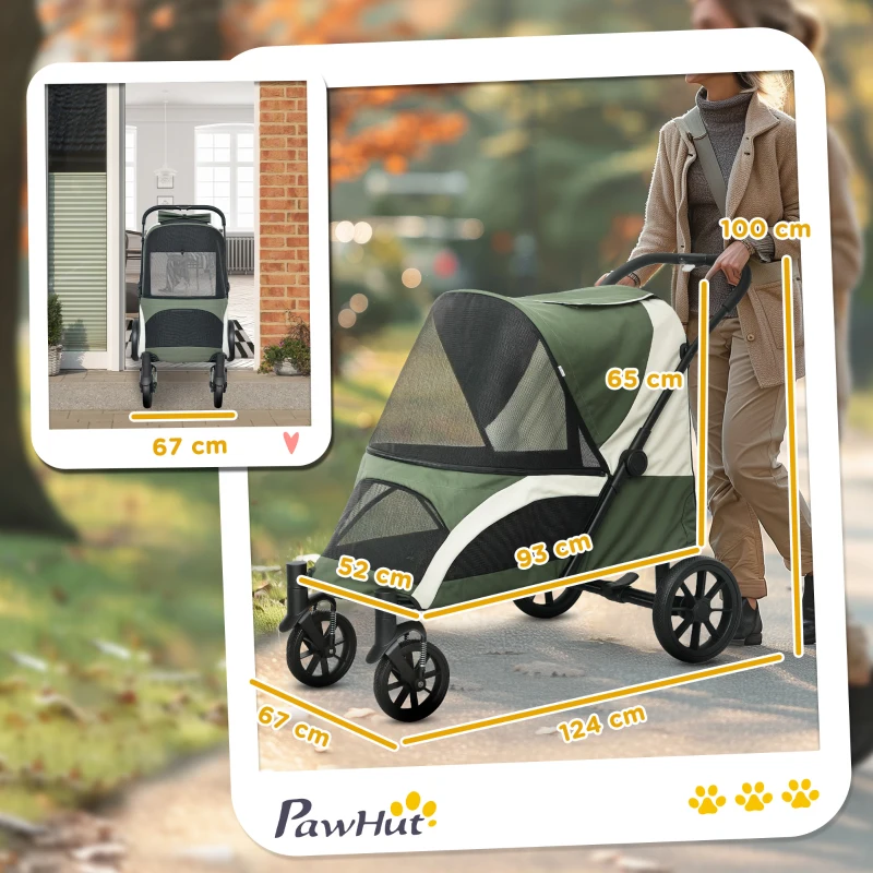 PawHut Hundewagen, Faltbarer Hundebuggy für große Hunde, Haustierwagen mit 4 Rädern, Sicherheitsleinen, Bremsen, Dunkelgrün(m-3)