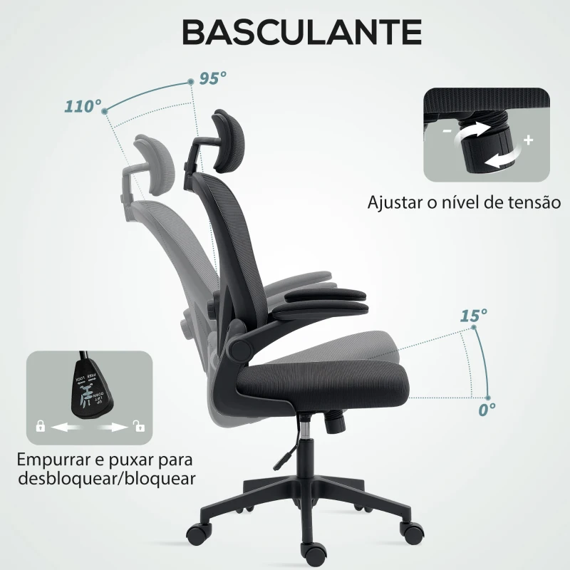 HOMCOM Cadeira de Escritório Giratória com Altura Ajustável Apoio para a Cabeça e Suporte Lombar Ajustáveis 58x63x115-125 cm Preto