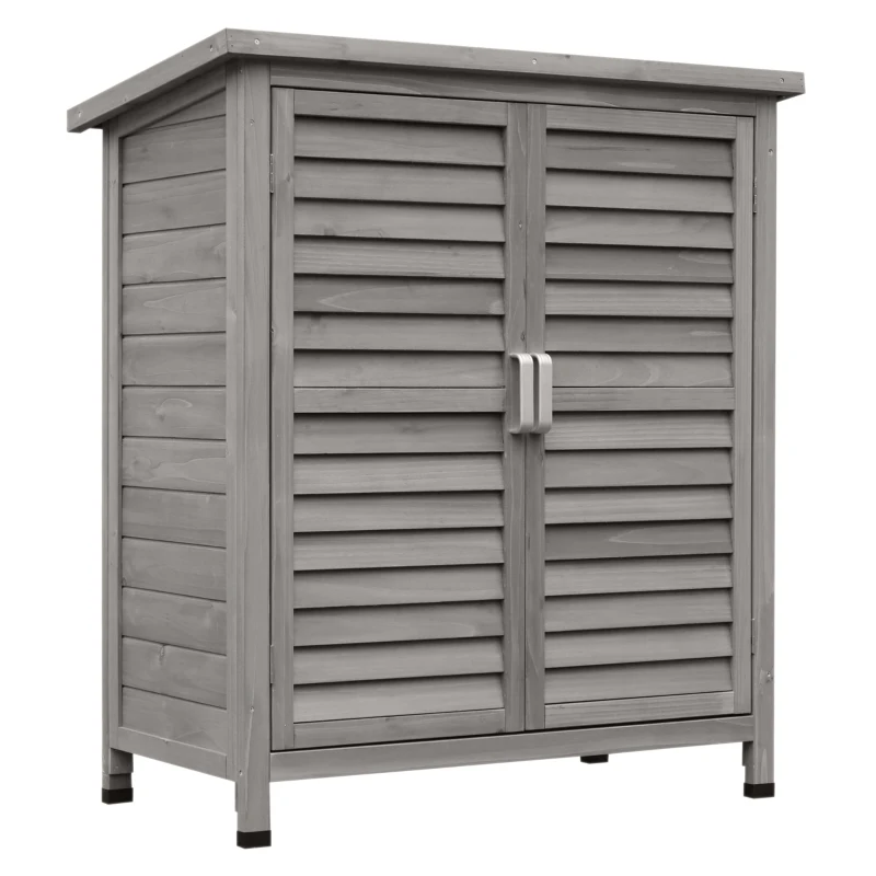 Outsunny Cobertizo de Almacenamiento de Madera para Jardín con 2 Estantes Interiores 2 puertas y Techo Inclinado para Exterior Terreza 87x46,5x96,5 cm Gris(m-10)