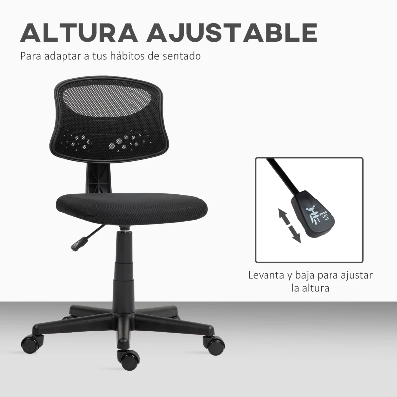 HOMCOM Silla de Oficina sin Brazos Silla de Escritorio Giratoria con Respaldo de Malla Transpirable Altura Ajustable Negro
