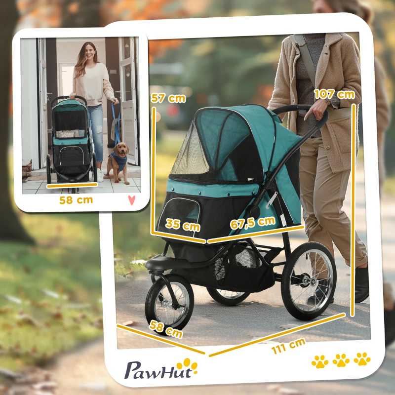 PawHut Inklapbare Hondenbuggy met Zonnescherm, Netramen, Opbergmand, Donkergroen, 111 x 58 x 107 cm(m-3)