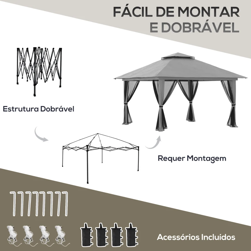 Outsunny Tenda Dobrável Pop-UP 3,92x3,92x2,83 m com Altura Ajustável Proteção UV50+ Rede Mosquiteira e Bolsa de Transporte Cinza