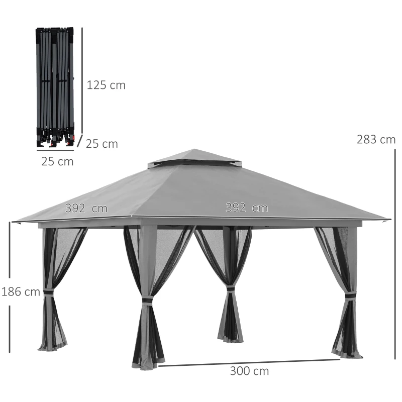 Outsunny Tenda Dobrável Pop-UP 3,92x3,92x2,83 m com Altura Ajustável Proteção UV50+ Rede Mosquiteira e Bolsa de Transporte Cinza