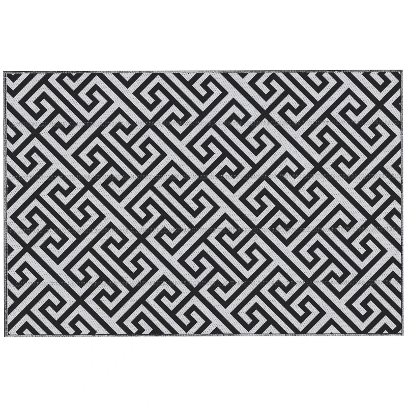 Outsunny Tapete de Exterior 182x274 cm Tapete Reversível com Desenho Geométrico Impermeável para Varanda Campismo Praia Branco e Preto