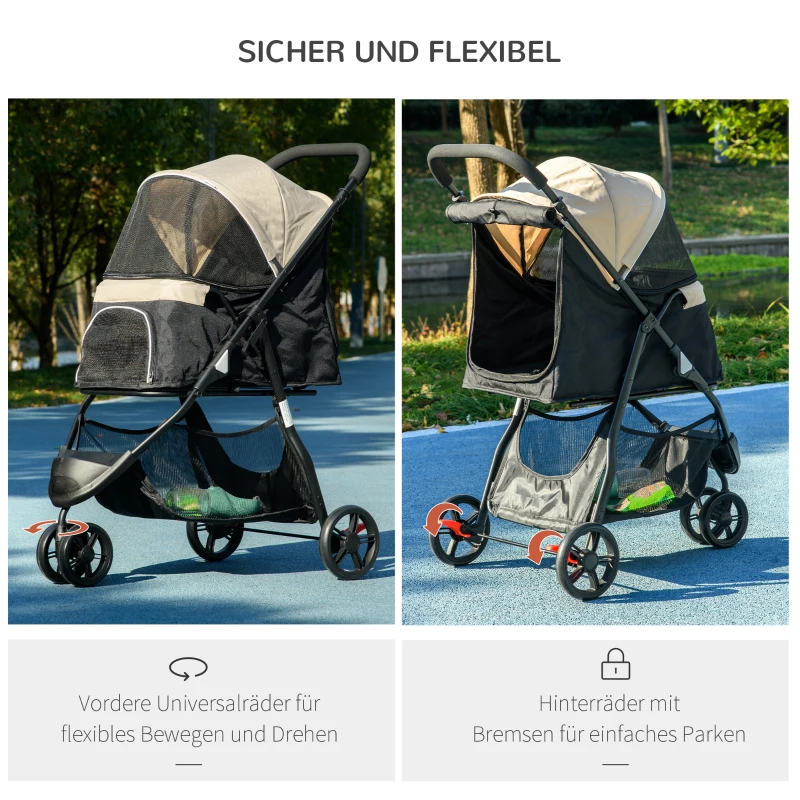 PawHut Haustierbuggy Hundebuggy, klappbar, mit Regenschutz, 2 Getränkehalter, Blau + Khaki(m-6)