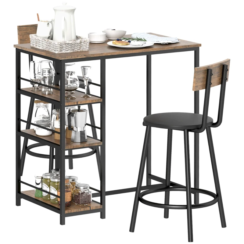 HOMCOM 3-delige Eetset met Bartafel en 2 Stoelen, Klein Keukenset met Zijplanken, MDF, Metaal, Zwart