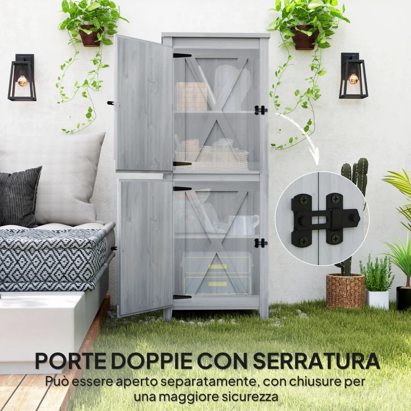 Outsunny Capanno da Giardino Porta Attrezzi con 2 Armadietti, Ante con Blocco e Ripiani Rimovibili, Grigio