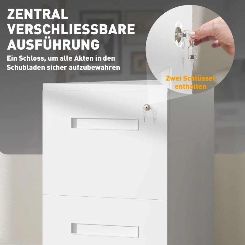 Vinsetto Rollcontainer, Aktenschrank, Trennwand, zentral abschließbar, Stahlgehäuse, 5 Räder, weiß, 39 x 48 x 67 cm