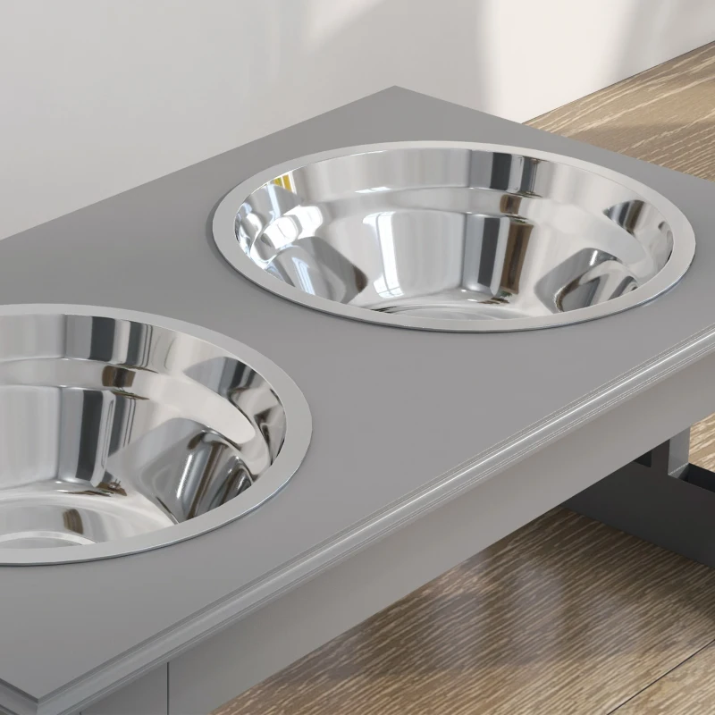 PawHut Comedouro Elevado para Cães com Suporte e 2 Tigelas Amovíveis de Aço Inoxidável 44x24x15 cm Cinza