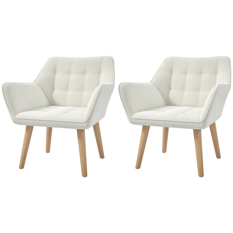 Set of 2 Accent Chair, Arm Chair with Slanted Back, Thick Padding and Rubber Wooden Legs for Living Room, Cream White