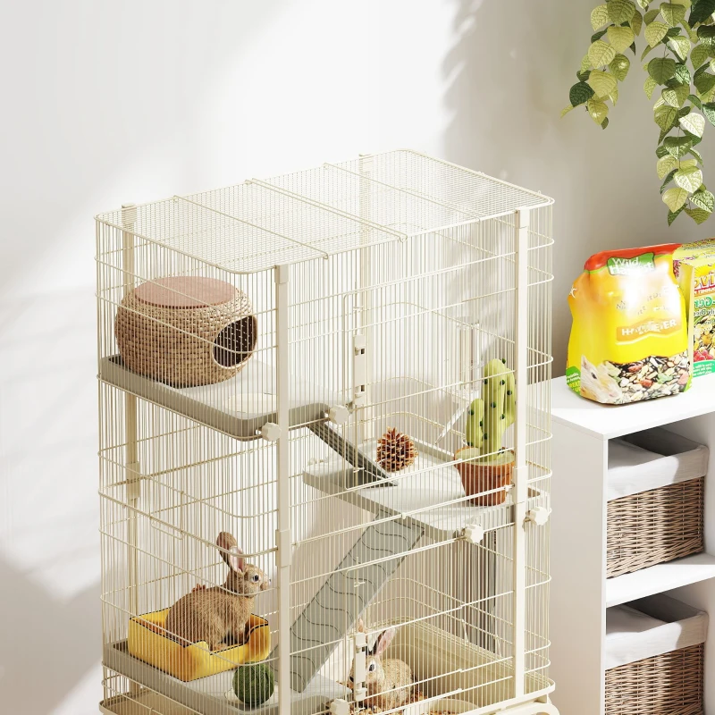 PawHut Gaiola para Animais Pequenos de 4 Níveis com Rodas Rampas Tigela Garrafa de Água 69x44x120 cm Bege
