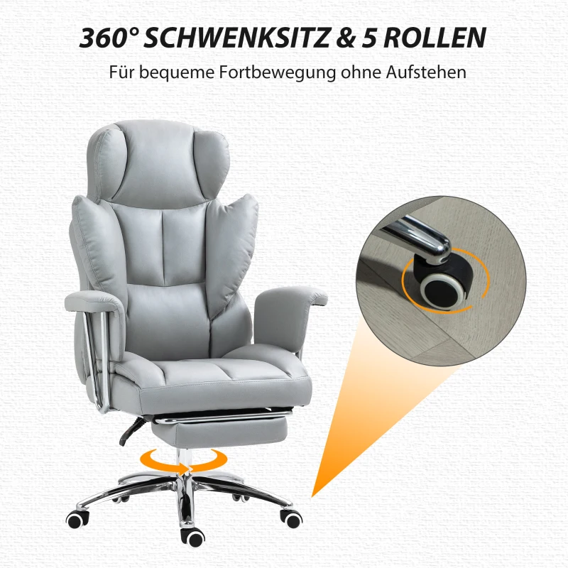 HOMCOM Ergonomischer Bürostuhl, gepolstert, mit Fußstütze, verstellbarer Lehne, 360° drehbar, Hellgrau