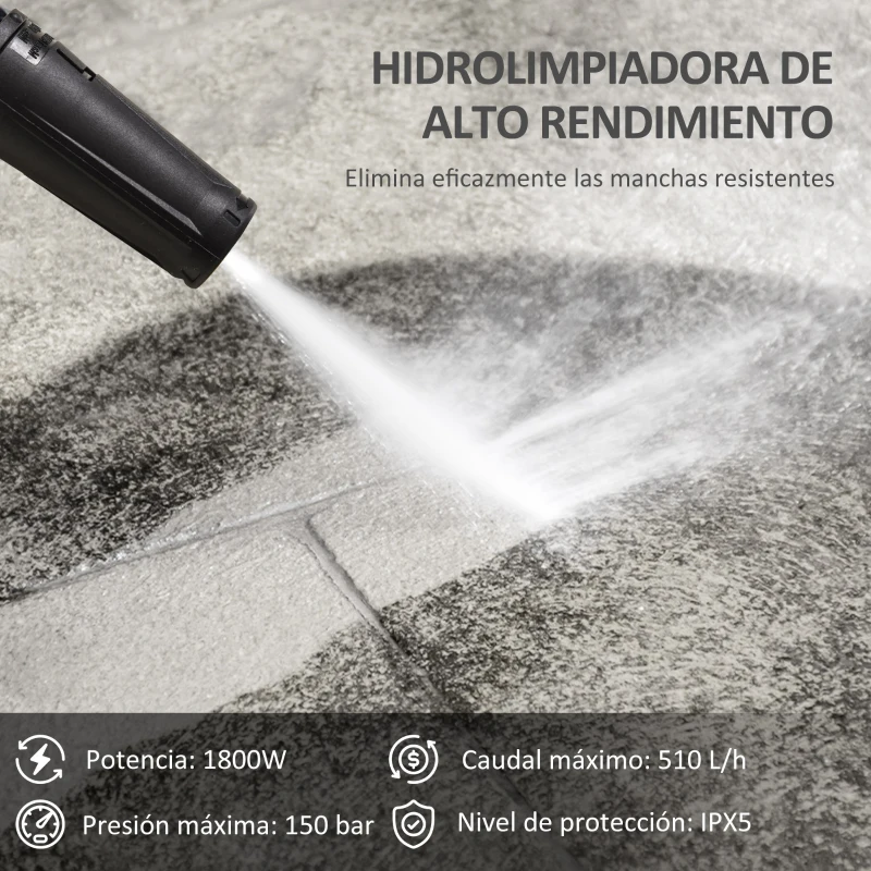 DURHAND Hidrolimpiadora de Alta Presión 1800W con Accesorios Ángulo Ajustable y Parada Automática 33x31,5x80,5 cm Verde y Negro