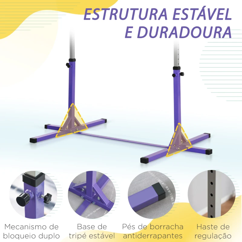 HOMCOM Barra de Ginástica para Crianças com Altura Ajustável 92-150 cm Barra Horizontal de Ginástica 194x121x150 cm Roxo
