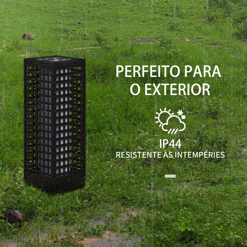 Outsunny Candeeiro Solar de Vime Sintético com Luzes LED Ligar/Desligar Automático para Varanda Pátio 15,5x15,5x46 cm Preto