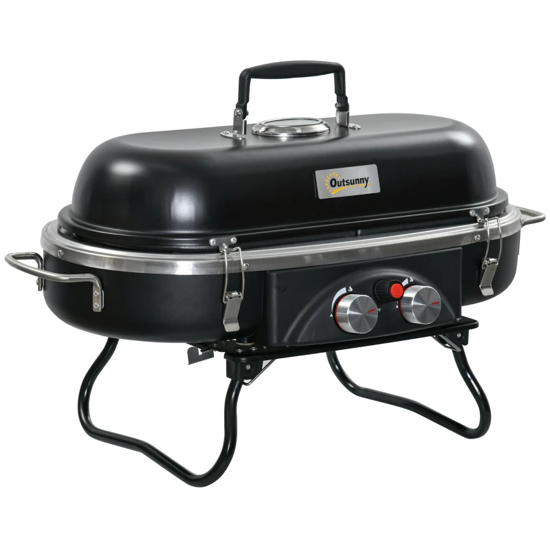 Outsunny Składany Grill Gazowy 2,34 KW BBQ z 2 Palnikami ze Stali Nierdzewnej Regulatorem Ciśnienia 66 x 34,5 x 37 cm Czarny