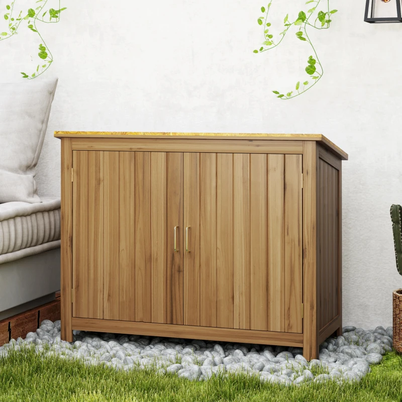 Outsunny Gartenschrank, Holzkommode mit 2 Regalen für Garten, Terrasse, Wetterfest, 110 x 50 x 85 cm, Braun(m-7)