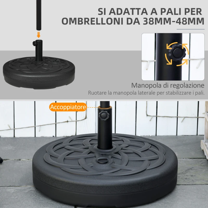 Outsunny Base per Ombrellone Rotonda in Plastica Riempibile con Acqua e Sabbia per Pali da 38-48 mm, Ø56 cm, Nero