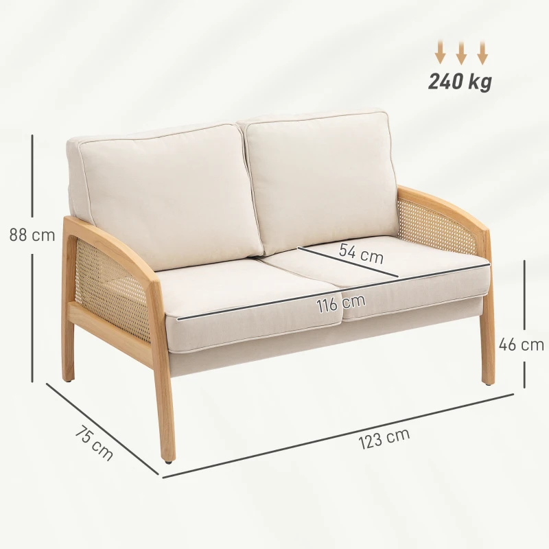 HOMCOM Sofá de 2 Lugares Estofado em Chenille com 2 Almofadas Laváveis e Apoio para os Braços em Vime Sintético 123x75x88 cm Bege