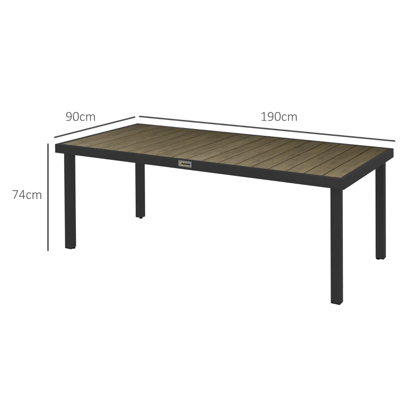 Outsunny Mesa de Jardim Retangular para 8 Pessoas com Bancada de Ripas e Estrutura de Alumínio 190x90x74 cm Preto e Madeira