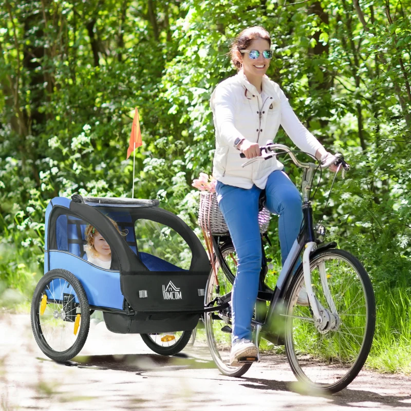 HOMCOM Reboque de Bicicleta para Crianças de 2 Lugares com Cinto de Segurança e Sistema de Amortecimento 140x88x90 cm Azul