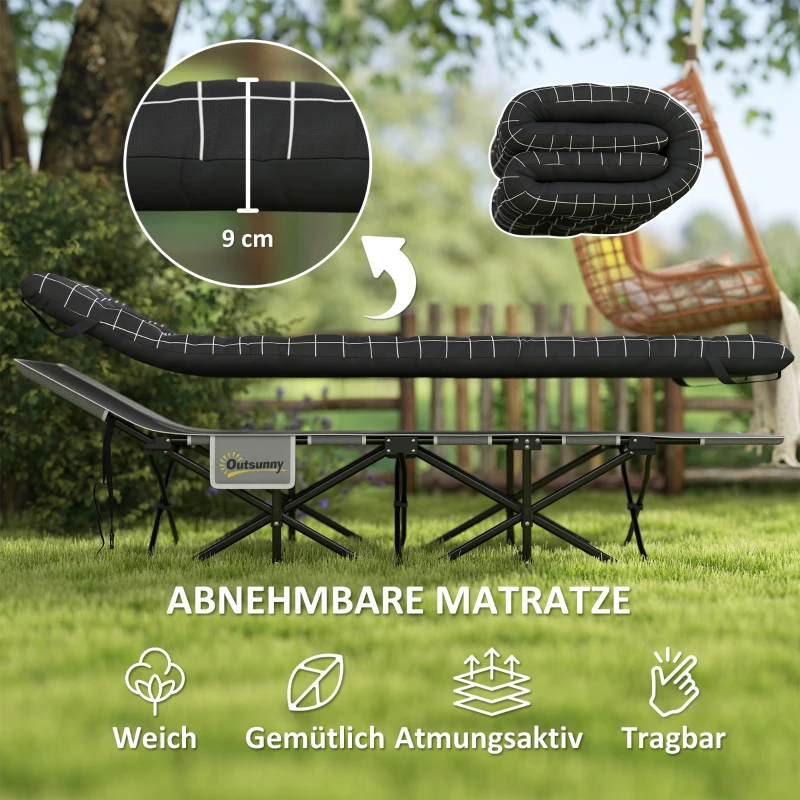 Outsunny Składane łóżko campingowe, z materacem, ergonomiczne, metalowy stelaż, Czarne