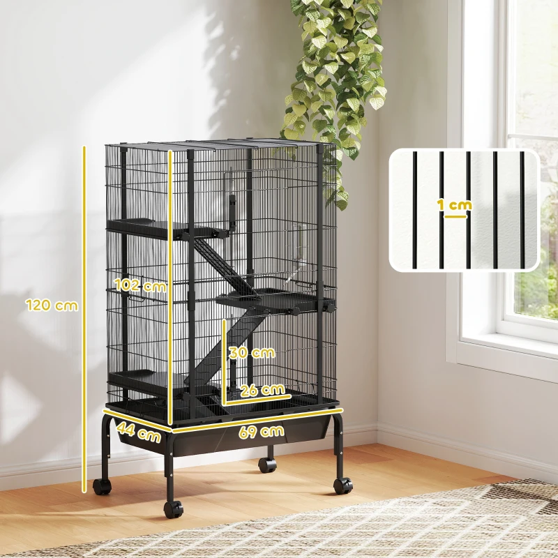 PawHut Gaiola para Animais Pequenos de 4 Níveis Gaiola para Roedores com Rodas Rampas Tigela Garrafa de Água e Bandeja Removível Recinto para Coelhos Chinchilas Furões 69x44x120 cm Preto