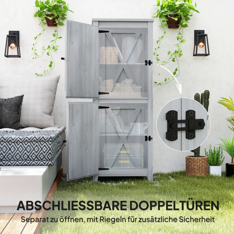 Outsunny Holzschuppen, Kompakter Gartenschuppen für Werkzeug und Gartengeräte mit verschließbaren Türen, Hellgrau(m-6)