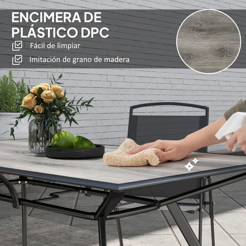 Outsunny Mesa de Comedor de Exterior con Encimera Imitación Madera para 6 Personas con Estructura de Acero 160x90x73 cm Gris